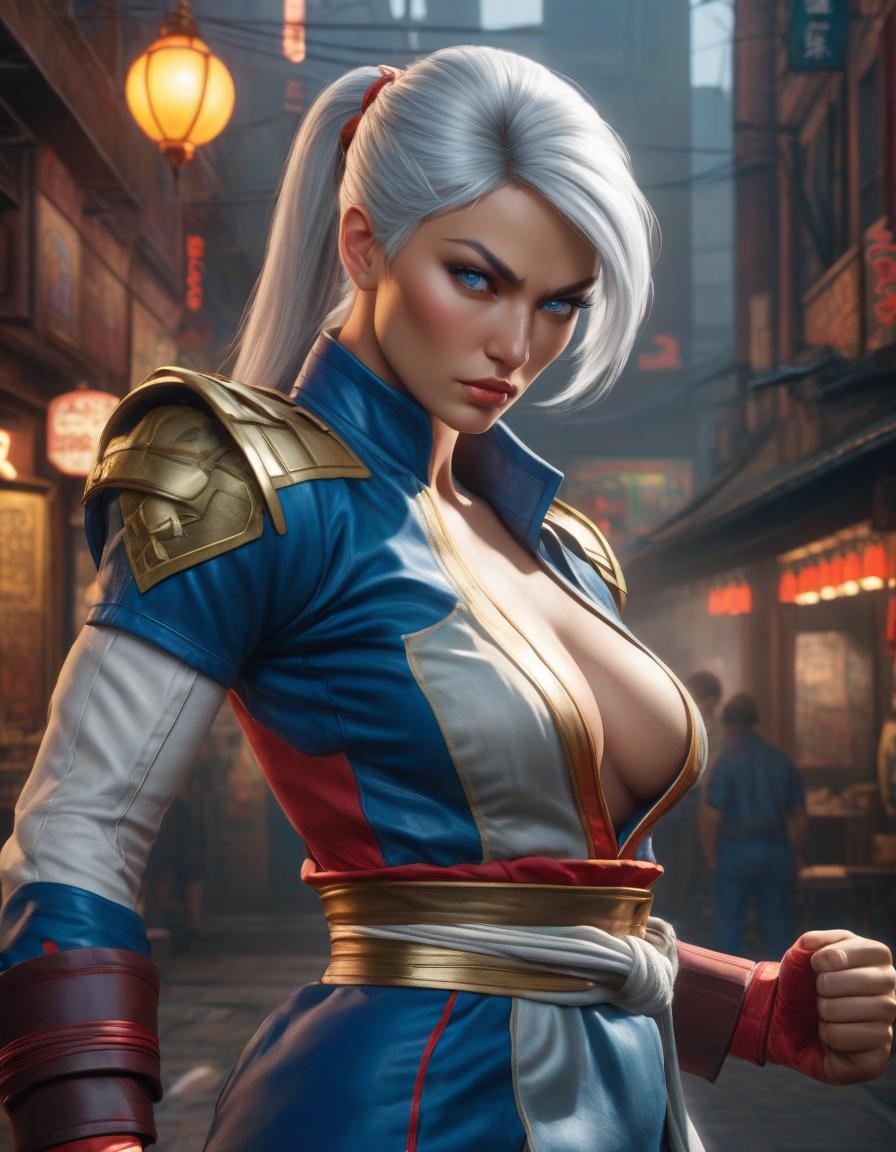  Street Fighter style She looks like a fragile girl, but in reality she is a fighting android woman, she has silver hair and blue eyes by Jan van Eyck, Johannes Vermeer, Florence Harrison, Masterpiece, Edward Hopper, James Gilleard, Mark Ryden, Wolfgang Lettl, hints . vibrant, dynamic, arcade, 2D fighting game, highly detailed, reminiscent of Street Fighter series hyperrealistic, full body, detailed clothing, highly detailed, cinematic lighting, stunningly beautiful, intricate, sharp focus, f/1. 8, 85mm, (centered image composition), (professionally color graded), ((bright soft diffused light)), volumetric fog, trending on instagram, trending on tumblr, HDR 4K, 8K