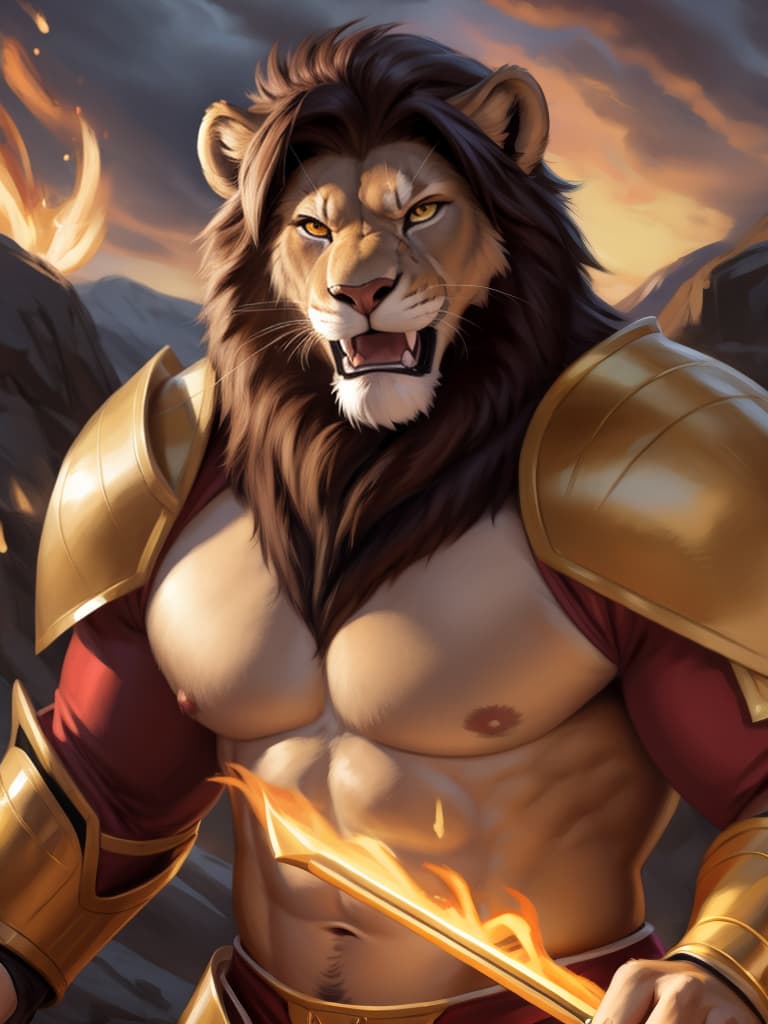  By chunie, by Meesh, portrait, close-up photo, detailed pupils, glowing pupils:2, sharp detail, masterpiece, photorealistic, solo, anthro, male, lion, scar on face, a lions fighting in a battlefield, holds a golden weapon, fighting, roaring, angry face:2, serious face:2, rage, zoom in on face, enraged:2, sparkling red and gold armor:2, surrounded by glowing flames:2, fireland, sparkling fire in background:2, ultra detailed sparkling flame, ultra detailed sparkling red and gold armor:2, sfw, thick body, muscular body, stare at the camera, open eyes, digital art, masterpiece, 4k, fine details,