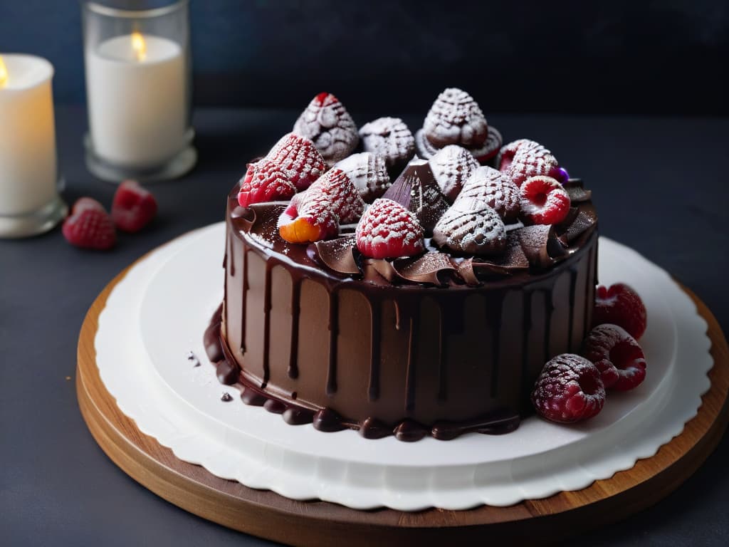  A closeup, ultradetailed image of a luscious vegan chocolate cake, topped with fresh raspberries and a drizzle of decadent dark chocolate ganache, all displayed on a sleek, modern white plate against a black backdrop. The cake is perfectly moist and rich, with each raspberry glistening under the light, showcasing its freshness. The ganache is smooth and glossy, capturing the viewer's attention with its luxurious texture. The minimalistic composition emphasizes the beauty of the dessert, making it an enticing focal point for the article on vegan baking tricks. hyperrealistic, full body, detailed clothing, highly detailed, cinematic lighting, stunningly beautiful, intricate, sharp focus, f/1. 8, 85mm, (centered image composition), (professionally color graded), ((bright soft diffused light)), volumetric fog, trending on instagram, trending on tumblr, HDR 4K, 8K