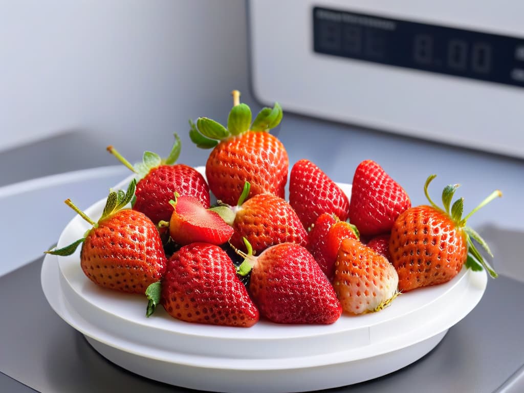  An ultradetailed closeup image of a single ripe strawberry being slowly freezedried in a hightech liofilization machine. The machine's sleek, modern design and the strawberry's vibrant red color contrast beautifully against the clean, white background, highlighting the intricate process of liofilization in a visually captivating and minimalist style. hyperrealistic, full body, detailed clothing, highly detailed, cinematic lighting, stunningly beautiful, intricate, sharp focus, f/1. 8, 85mm, (centered image composition), (professionally color graded), ((bright soft diffused light)), volumetric fog, trending on instagram, trending on tumblr, HDR 4K, 8K