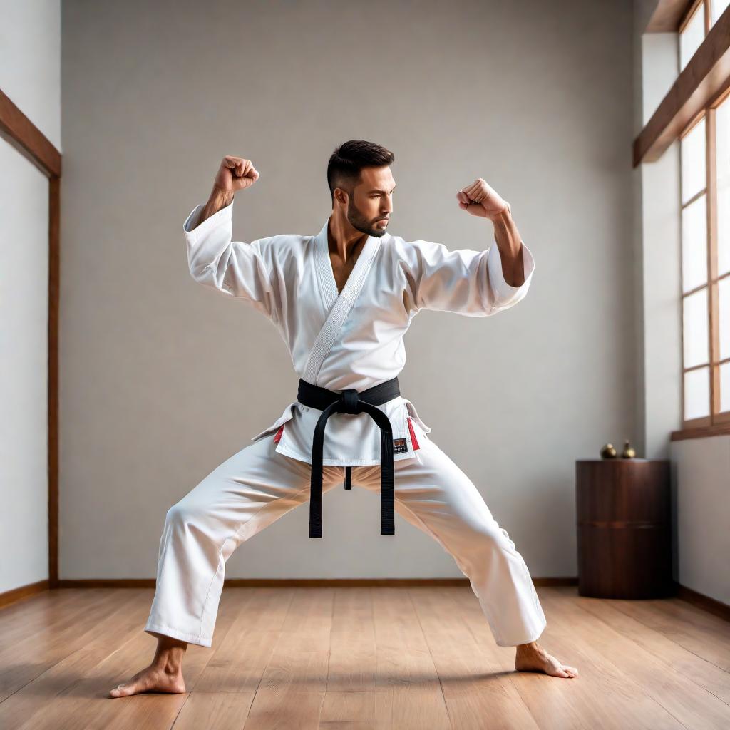  A person doing karate, executing a high kick in a traditional karate gi (uniform). The background showcases a dojo with wooden floors and minimalistic decor, highlighting the focused and disciplined atmosphere of martial arts practice. hyperrealistic, full body, detailed clothing, highly detailed, cinematic lighting, stunningly beautiful, intricate, sharp focus, f/1. 8, 85mm, (centered image composition), (professionally color graded), ((bright soft diffused light)), volumetric fog, trending on instagram, trending on tumblr, HDR 4K, 8K