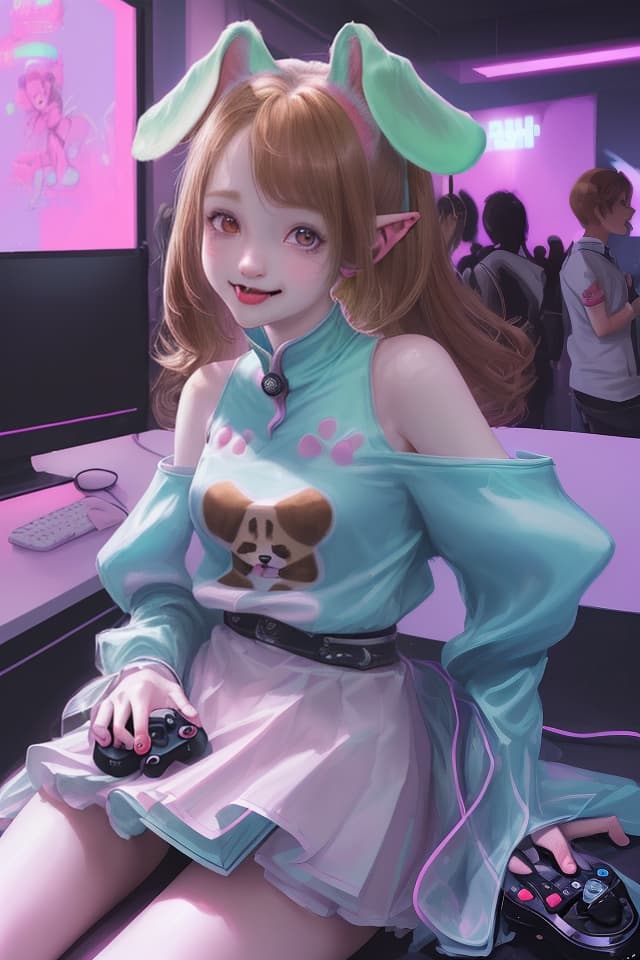  ((holding 🎮、girl play game、accurate hands))、(((droopin dog ears、lop beagle's ears)))、anthropomorphic furry beagle girl、tongue out blush smiling、dutch angle、neon lighting、in Internet cafe、best quality:1.4、masterpiece:1.4、ultra detailed texture、RAW photorealistic:1.4、absurd resolution、8K illustration、💩、💩