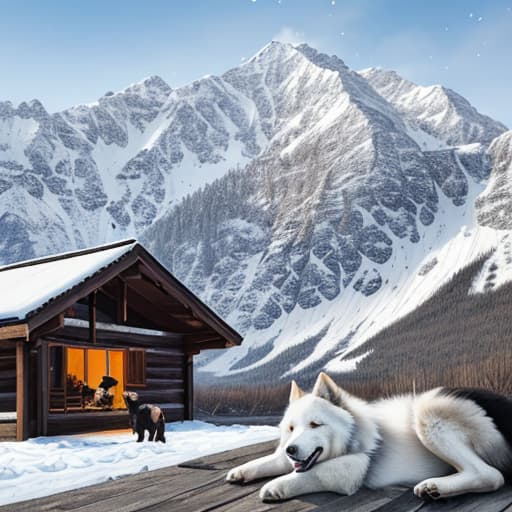  Snowy mountains in the background, a dilapidated wooden house in the middle ground, a dog lying outside the wooden house in the foreground. In front of the dog lie several snow-covered black wolf corpses.