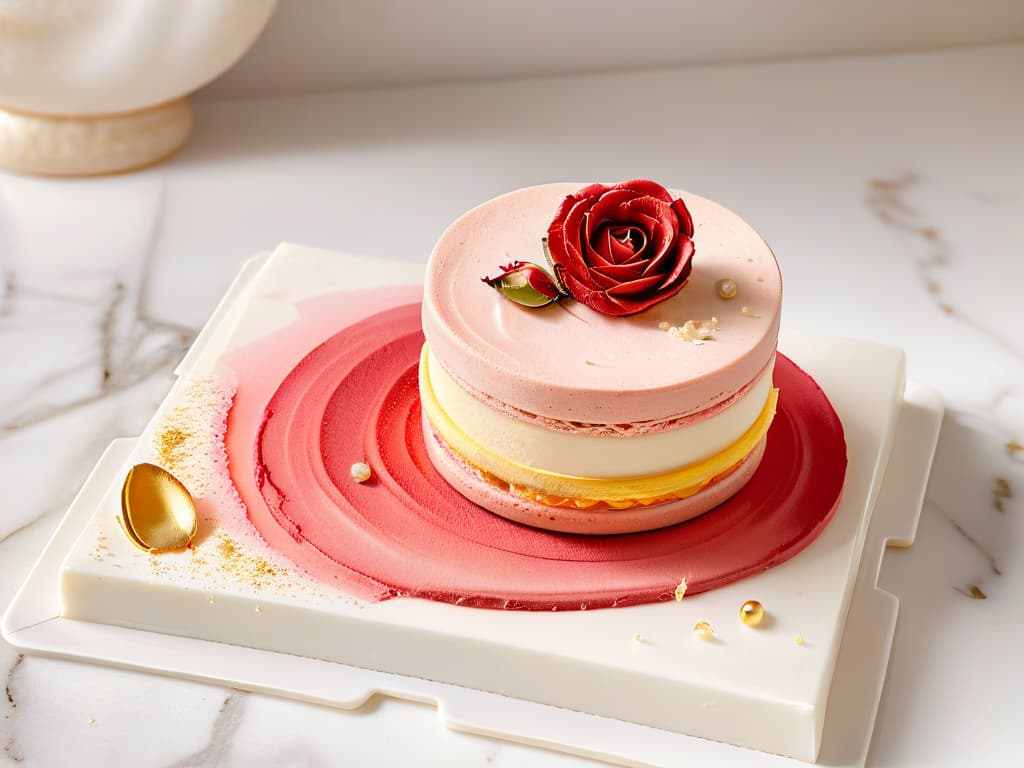  An ultradetailed closeup image of a delicate, intricately decorated macaron on a pristine white marble countertop. The macaron is perfectly formed, showcasing a gradient of pastel colors and adorned with edible gold leaf accents, surrounded by scattered rose petals and a few scattered vanilla beans. The lighting is soft, casting a subtle shadow that enhances the texture and details of the macaron, creating a visually captivating and elegant minimalist composition. hyperrealistic, full body, detailed clothing, highly detailed, cinematic lighting, stunningly beautiful, intricate, sharp focus, f/1. 8, 85mm, (centered image composition), (professionally color graded), ((bright soft diffused light)), volumetric fog, trending on instagram, trending on tumblr, HDR 4K, 8K