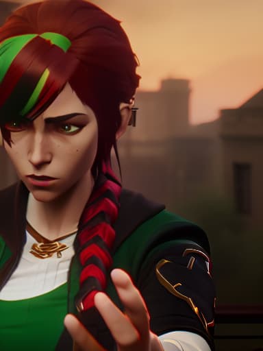 arcane style arcane style, Scarface, one red eye, crazy green hair, (masterpiece:1.4), best quality, high quality, highly detailed, ultra detail, ultra detailed, unreal engine 5, HDR 4K, 8K