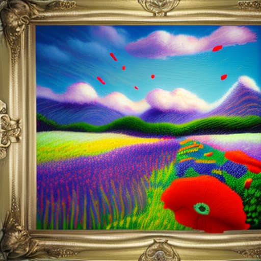 wa-vy style Tall grass, poppies and purple lupins in field. Mountains in distance, Blond haired girl in white dress holding bouquet of flowers sky is blue few clouds sun streams through clouds vivid colors looks like impressionistic painting painting vivid color dream like