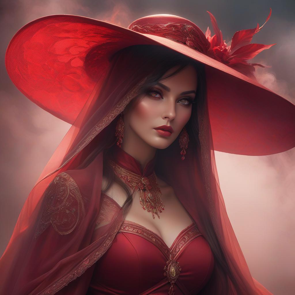  concept art The complete form of a lady, adorned in a stunning wide brimmed red hat, graced with a veil amidst smoke and fog. Her flawless countenance, featuring intricately detailed eyes with a captivating gaze, stands against a backdrop of deep red. Edge lighting enhances the scene, contributing to a digital illustration that showcases perfect anatomy. The composition is centered, approaching perfection with a dynamic and highly detailed presentation. This artwork, part of Karen Griffiths' collection on ArtStation, is characterized by its smooth execution, clear focus, and illustrative brilliance. . digital artwork, illustrative, painterly, matte painting, highly detailed hyperrealistic, full body, detailed clothing, highly detailed, cinematic lighting, stunningly beautiful, intricate, sharp focus, f/1. 8, 85mm, (centered image composition), (professionally color graded), ((bright soft diffused light)), volumetric fog, trending on instagram, trending on tumblr, HDR 4K, 8K