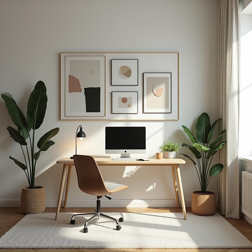  this unedited 8k photograph captures a hyperrealistic view of a contemporary home office workspace designed for remote work. the room is styled with the latest trends featuring clean lines and a sense of balance and harmony. the space includes scandinavian inspired furniture and decor, complemented by abstract expressions decoration. the image is intricately detailed and professionally color graded, illuminated by bright, soft diffused daylight. color wise, the scene is dominated by a soft ebb hue (rgb 233, 227, 227), with complementary chalet green (rgb 81, 110, 61) and accentuated by lynch (rgb 105, 126, 154), enhancing the dense furnishings and decorations.