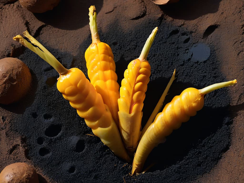  A closeup, ultradetailed image of a vibrant yellow turmeric root, freshly harvested, with intricate water droplets delicately resting on its textured surface. The focus is razorsharp, capturing every tiny detail of the root's irregular shape and the subtle ridges that run along its length. The colors are rich and true to life, showcasing the golden hue of the turmeric against a soft, blurred background that enhances the root's natural beauty and organic feel. hyperrealistic, full body, detailed clothing, highly detailed, cinematic lighting, stunningly beautiful, intricate, sharp focus, f/1. 8, 85mm, (centered image composition), (professionally color graded), ((bright soft diffused light)), volumetric fog, trending on instagram, trending on tumblr, HDR 4K, 8K