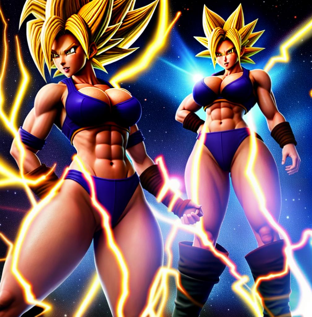  ((foto de cuerpo completo, pie plano, cuerpo recto)), ((laura {Super Super Saiyan mujer con grandes pechos})), ((lleva puesto son goku+Los disfraces de ella son extremadamente ajustados a su cuerpo.))