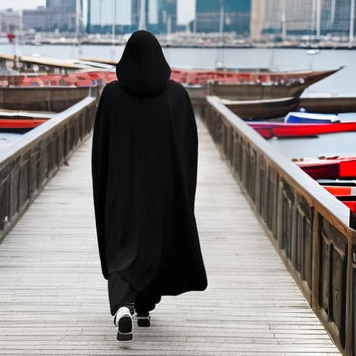 lnkdn photography The hooded assassin in 'Vintage Voyage', embarking on a midnight cloak black timeless, enduring, and blood red unforgettable voyage, with the historic and antiquated ship evoking a sense of adventure