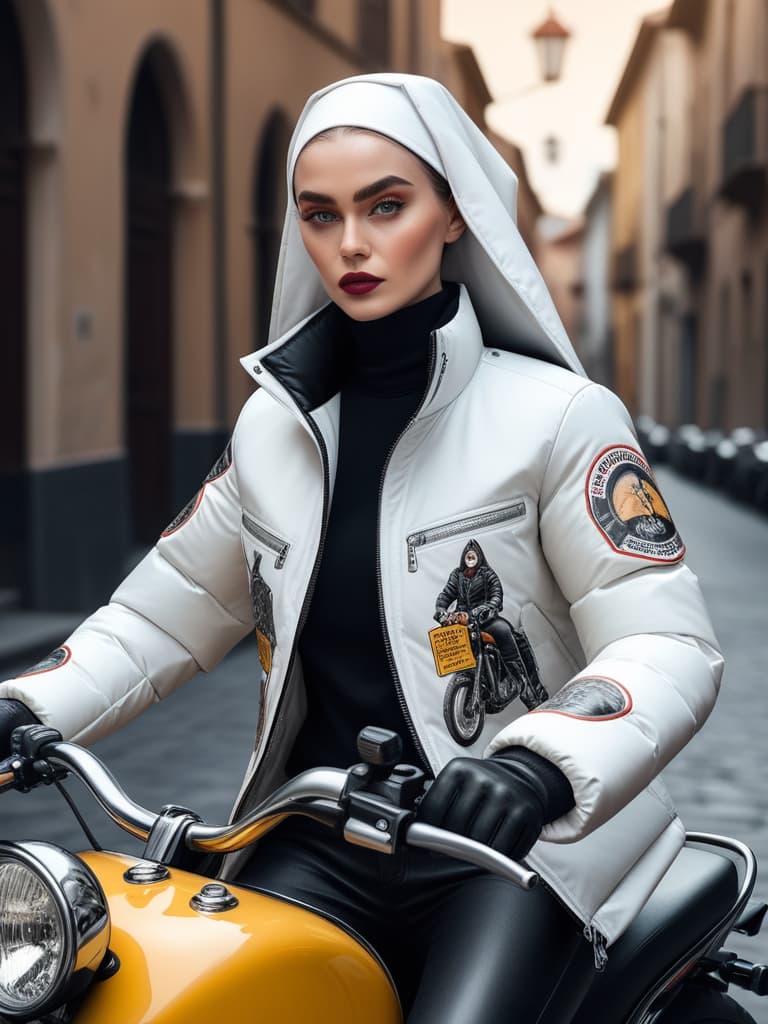  Fashion editorial style down jacket, nun on a motorcycle print, (excellent quality, 4k, hq texture, hdr, detailed) . High fashion, trendy, stylish, editorial, magazine style, professional, highly detailed