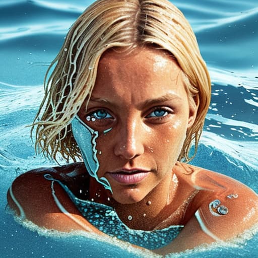  tanned blonde woman's face is in the water she's sinking and drowning she's panic a lot of water waves and splashes around