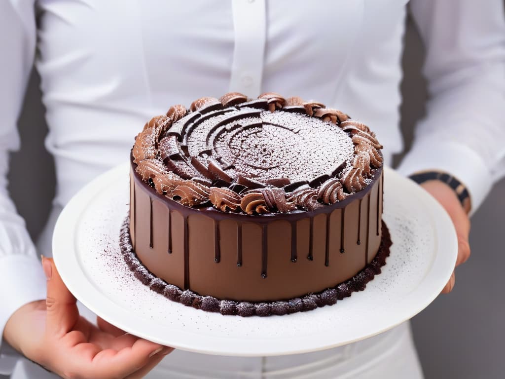  A closeup, ultradetailed image of a hand holding a perfectly crafted chocolate cake, adorned with intricately designed chocolate shavings and a dusting of cocoa powder on a sleek, minimalist white plate. The cake is surrounded by scattered cocoa beans and a sprinkle of powdered sugar, creating a visually striking and professional aesthetic. hyperrealistic, full body, detailed clothing, highly detailed, cinematic lighting, stunningly beautiful, intricate, sharp focus, f/1. 8, 85mm, (centered image composition), (professionally color graded), ((bright soft diffused light)), volumetric fog, trending on instagram, trending on tumblr, HDR 4K, 8K