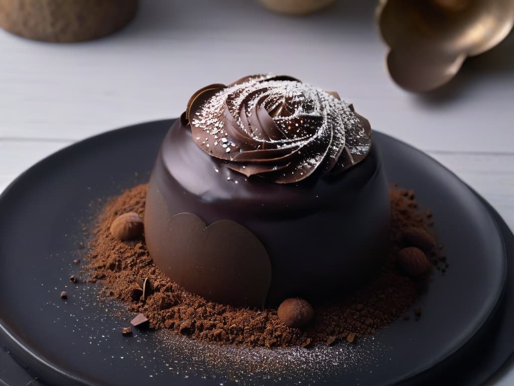  An ultradetailed closeup image of a dark, glossy chocolate truffle sprinkled with finely grated cacao powder, resting on a sleek, matte black plate. The truffle is perfectly round with a smooth surface reflecting ambient light, showcasing intricate details like tiny cacao nibs sprinkled on top. The contrast between the dark chocolate and the black plate is striking, emphasizing the luxurious and indulgent nature of the treat. hyperrealistic, full body, detailed clothing, highly detailed, cinematic lighting, stunningly beautiful, intricate, sharp focus, f/1. 8, 85mm, (centered image composition), (professionally color graded), ((bright soft diffused light)), volumetric fog, trending on instagram, trending on tumblr, HDR 4K, 8K