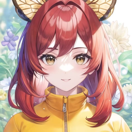  master piece , best quality,Medium hair, bee head, bee clothes, red hair