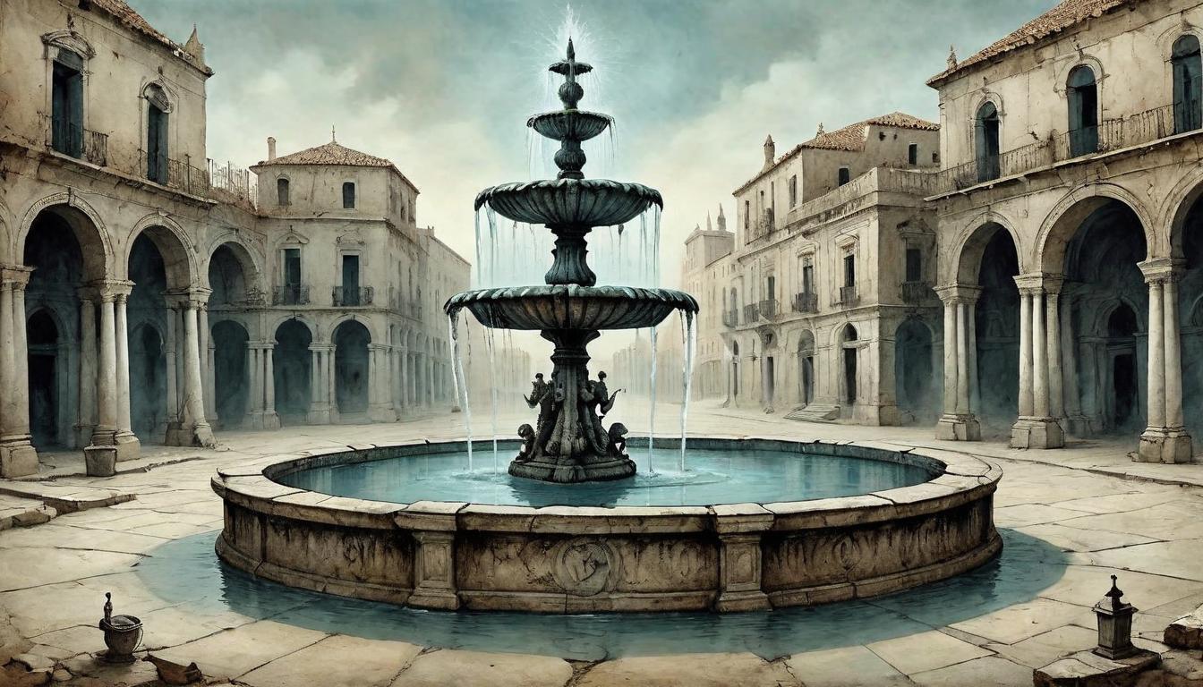  on parchment, surrealism+++, A corroded fountain at the heart of a desolate plaza, water once pure now runs murky, reflecting a distorted view of those who drink from it. Souring relations, purity tainted by misunderstanding, desolation pervasive, mirror like water surfaces misconceptions.(mysterious, provocative, symbolic,muted color)+++