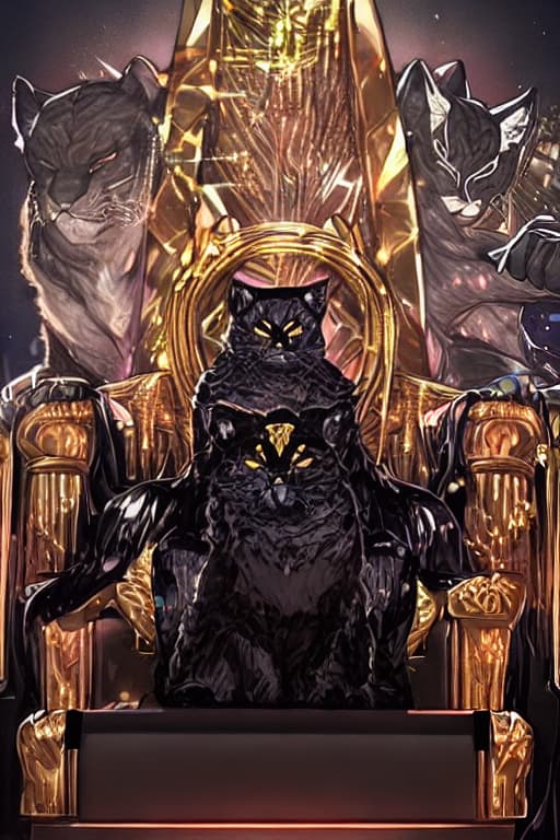  Black panther sitting on a beautiful golden diamond throne with two black tigers at his sides