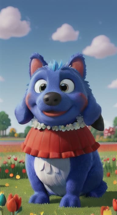  {The red ball nestled in a bed of colorful flowers like daisies and tulips, The big blue dog is large with sky blue fur, big round eyes, a black nose, and floppy ears.