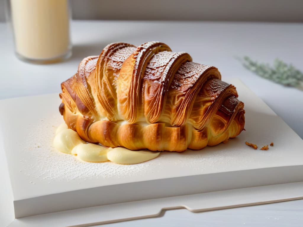  A closeup, ultradetailed image of a perfectly golden croissant, freshly baked and steaming, with a delicate flaky texture on the outside and a soft, buttery crumb on the inside. The croissant rests on a simple, elegant white plate, with a subtle dusting of powdered sugar on top, showcasing the rich, decadent quality that European butter brings to pastry. The lighting is soft, highlighting the glossy sheen of the flaky layers, inviting viewers to imagine the indulgent taste and aroma of a perfectly made treat. hyperrealistic, full body, detailed clothing, highly detailed, cinematic lighting, stunningly beautiful, intricate, sharp focus, f/1. 8, 85mm, (centered image composition), (professionally color graded), ((bright soft diffused light)), volumetric fog, trending on instagram, trending on tumblr, HDR 4K, 8K