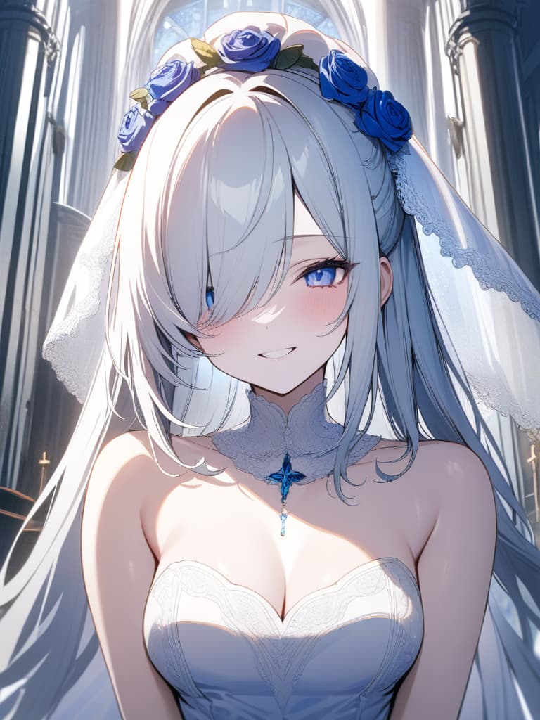  (shiny butterfly,magic effect,1girl),((hair over one eye)),(silver hair,long hair,),(blue eyes,pale skin,cheerful grin),((wedding dress,white veil,church,blue rose)),(face focus),, masterpiece, best quality,8k,ultra detailed,high resolution,an extremely delicate and beautiful,hyper detail