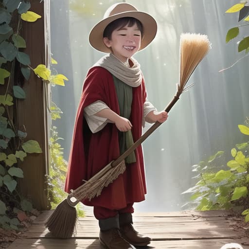  watercolor, storybook, child-book, Young boy landing his red broom back at his cozy home, stars twinkling in the sky, feeling accomplished and smiling., best quality, very detailed, high resolution, sharp, sharp image hyperrealistic, full body, detailed clothing, highly detailed, cinematic lighting, stunningly beautiful, intricate, sharp focus, f/1. 8, 85mm, (centered image composition), (professionally color graded), ((bright soft diffused light)), volumetric fog, trending on instagram, trending on tumblr, HDR 4K, 8K