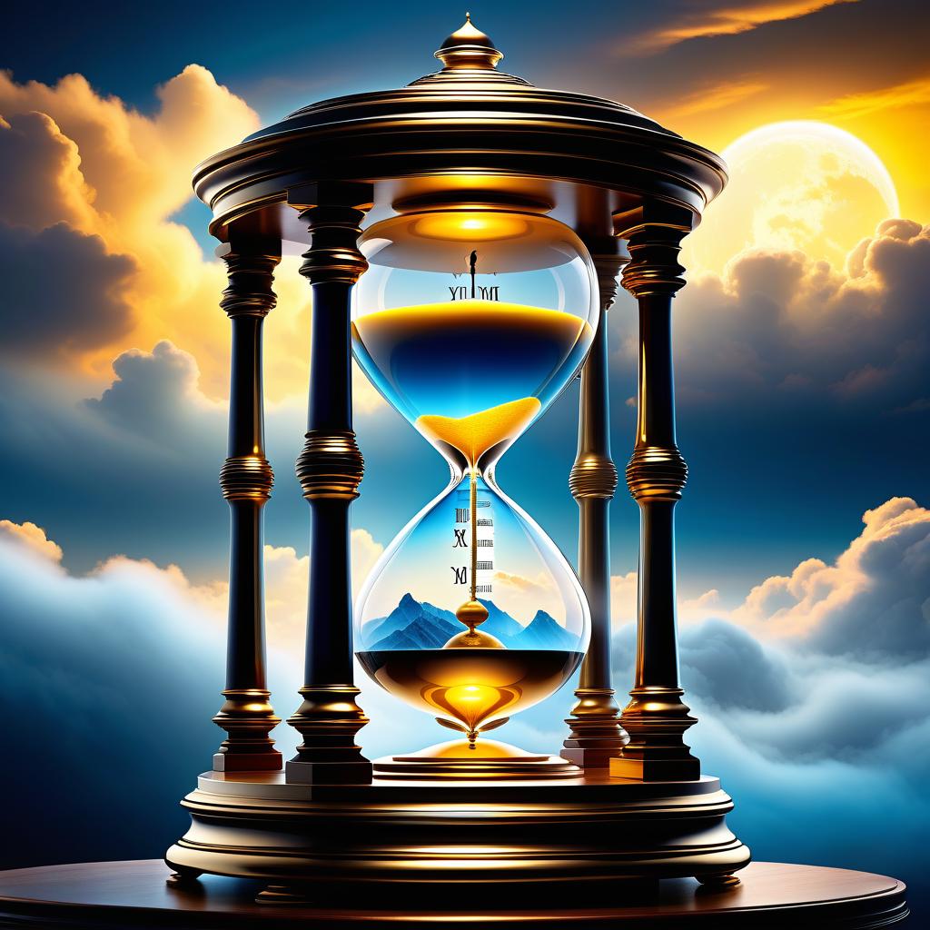  ethereal fantasy concept art of (Fancy hourglass). clock design: wooden carved case lacquered. Bowls of transparent glass. Inside the top bowl of the clock the rising sun is displayed. Around the sun is a blue sky and white, golden pink clouds. (Inside the lower bowl of the clock): night, dark blue sky with a bright yellow month with a silvery cast. Beneath the sky are mountains covered with blue white snow, shimmering with different colours of the rainbow. Background: gradient: in the lower part of the background the structure of sand. In the upper part of the background perispherical clouds in the blue sky. Style: romantic fantasy. . magnificent, celestial, ethereal, painterly, epic, majestic, magical, fantasy art, cover art, dreamy hyperrealistic, full body, detailed clothing, highly detailed, cinematic lighting, stunningly beautiful, intricate, sharp focus, f/1. 8, 85mm, (centered image composition), (professionally color graded), ((bright soft diffused light)), volumetric fog, trending on instagram, trending on tumblr, HDR 4K, 8K