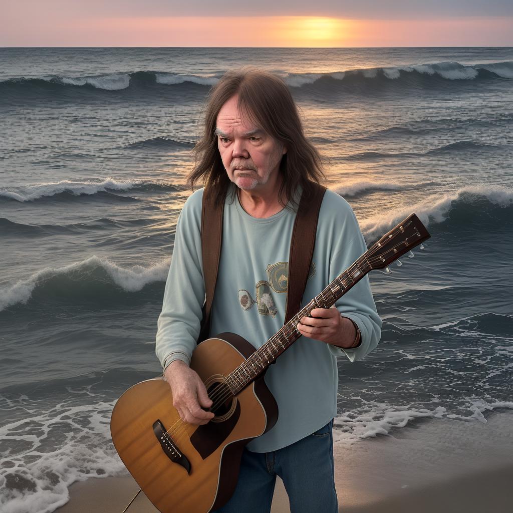  masterpiece, best quality, Neil Young stands on a sandy beach, waves gently crashing behind him. He strums his guitar, his weathered face illuminated by the warm glow of the setting sun. The atmosphere is serene and introspective, capturing the essence of a musician lost in his music. The style is reminiscent of a vintage photograph, with soft, nostalgic tones and subtle grain. Realized in the timeless beauty of Kodak Portra 400, the image evokes a sense of nostalgia and longing, immersing the viewer in the poetic world of Neil Young's music.