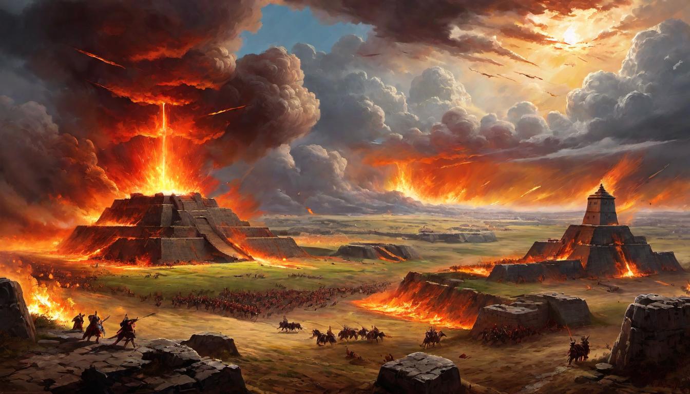  digital painting of Dramatic fiery skies over an ancient battlefield, opposing forces drawn in stark relief, anticipation of a decisive confrontation, epic scale, imminent clash, raw power looking at viewer, dynamic pose, (intricate details, masterpiece, best quality)