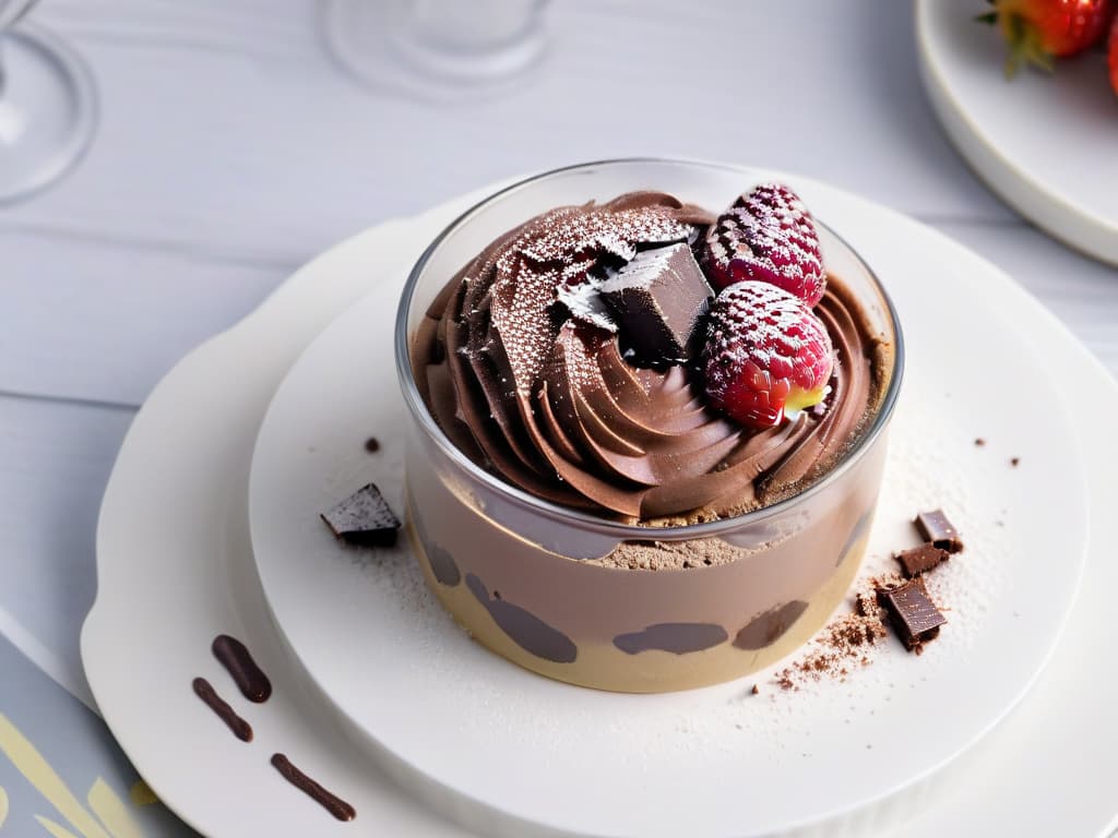  A closeup, ultradetailed image of a decadent lowfat chocolate mousse served in a perfectly clear glass dessert cup. The mousse is topped with delicate chocolate shavings and a single fresh raspberry, with a light dusting of cocoa powder sprinkled artistically on top. The background is a blurred soft focus of a modern, minimalistic kitchen setting, enhancing the elegant presentation of the dessert. hyperrealistic, full body, detailed clothing, highly detailed, cinematic lighting, stunningly beautiful, intricate, sharp focus, f/1. 8, 85mm, (centered image composition), (professionally color graded), ((bright soft diffused light)), volumetric fog, trending on instagram, trending on tumblr, HDR 4K, 8K