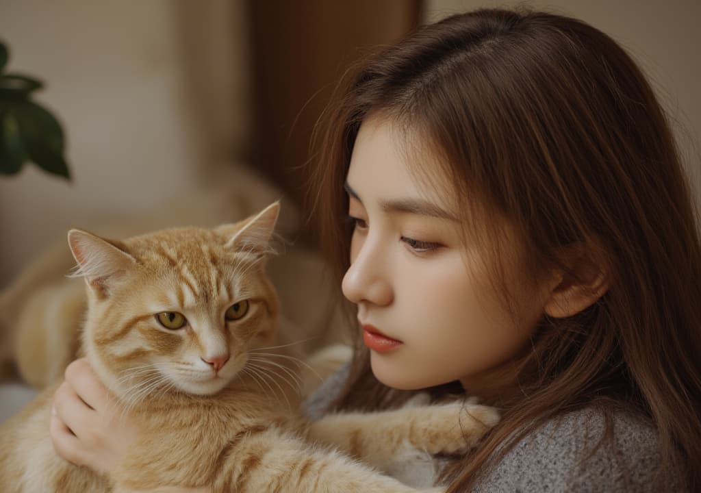  good quality, high quality, a close up portrait of a young gently holding her cat. the ’s expression is tender and affectionate as she gazes at the cat, who looks content and relaxed. the scene is rendered in a soft, detailed style, emphasizing the textures of the 's hair and the cat’s fur, creating a warm and atmosphere