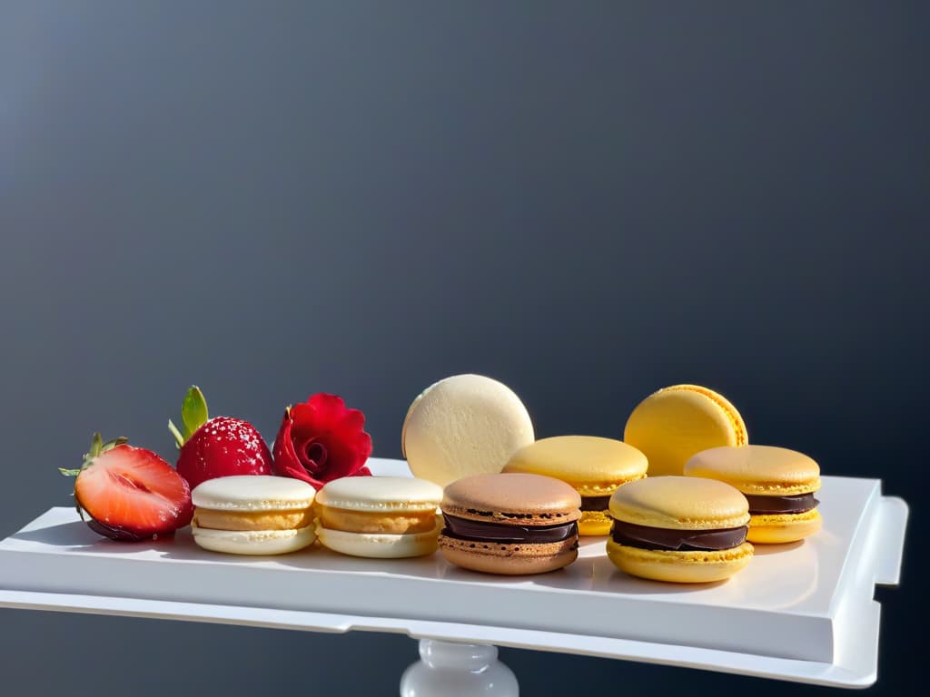  An ultradetailed closeup image of a perfectly baked macaron and a freshly baked madeleine side by side on a sleek, modern white plate. The macaron is delicately colored in pastel hues with a smooth, glossy surface, showcasing its precise piping and elegant shape. Next to it, the madeleine boasts a goldenbrown crust with characteristic shelllike ridges, emitting a fragrant steam. The background is blurred, emphasizing the minimalist presentation and inviting the viewer to appreciate the intricate details of these iconic French pastries. hyperrealistic, full body, detailed clothing, highly detailed, cinematic lighting, stunningly beautiful, intricate, sharp focus, f/1. 8, 85mm, (centered image composition), (professionally color graded), ((bright soft diffused light)), volumetric fog, trending on instagram, trending on tumblr, HDR 4K, 8K