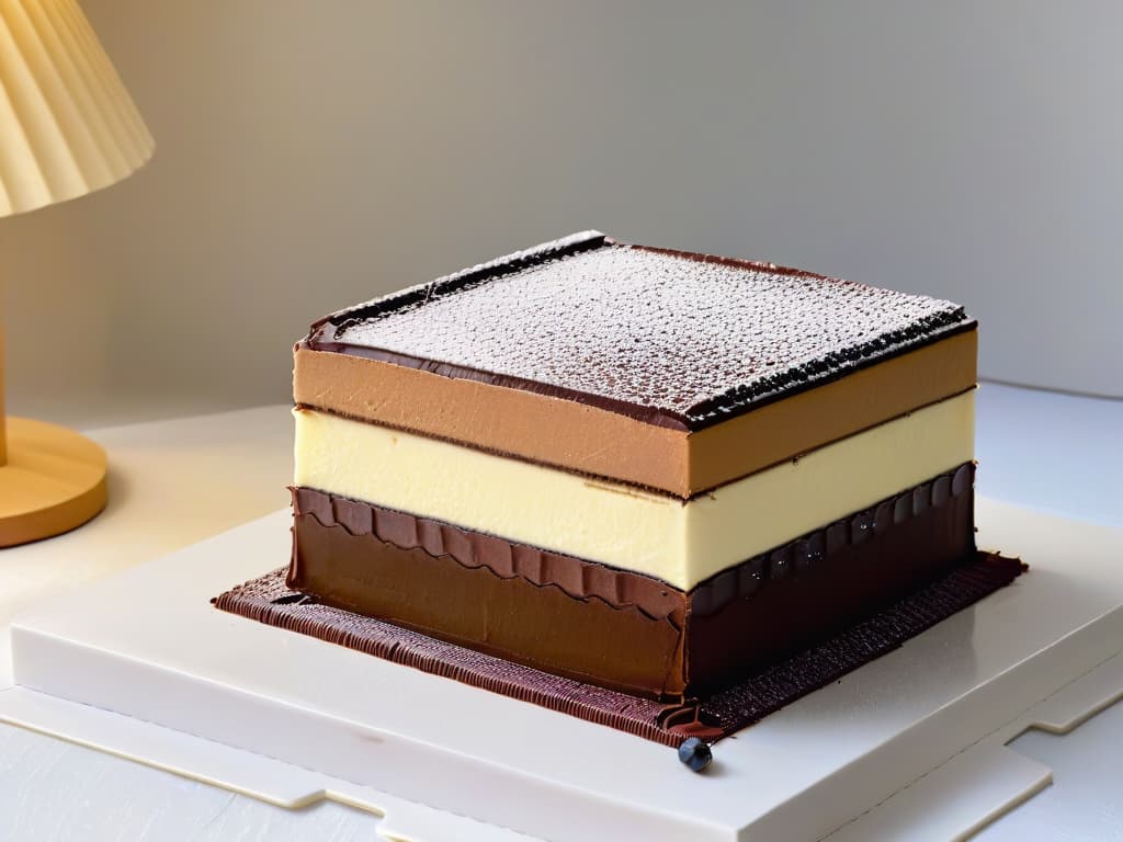  An ultradetailed closeup image of a multilayered Opera Cake, showcasing each delicate layer of almond sponge, coffee buttercream, and rich chocolate ganache, elegantly decorated with a dusting of cocoa powder and a single coffee bean on top. The layers are perfectly defined, with precise lines and textures visible, creating a visually stunning and mouthwatering minimalistic composition. This image captures the essence of creativity and precision in every layer of the Opera Cake, inspiring the audience to explore the art of pastrymaking. hyperrealistic, full body, detailed clothing, highly detailed, cinematic lighting, stunningly beautiful, intricate, sharp focus, f/1. 8, 85mm, (centered image composition), (professionally color graded), ((bright soft diffused light)), volumetric fog, trending on instagram, trending on tumblr, HDR 4K, 8K