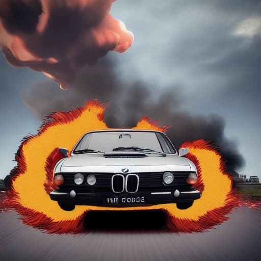  Create an image of a realistic action-packed scene featuring a vintage BMW car jumping towards the viewer. In the background, a massive, fiery explosion with smoke and flames dominates the scene. Debris is scattered in the air around the car, suggesting a high-impact explosion. A man and a woman are depicted in mid-air above the car, both wearing dark clothing and looking terrified as they leap away from the blast. The man is to the left of the woman, with his body angled slightly towards the camera, showing a look of shock. The woman is on the right, her body parallel to the man's with her mouth open in a scream. The lighting emphasizes the intense orange and yellow hues of the explosion engulfing the dark sky, casting dramatic shadows and