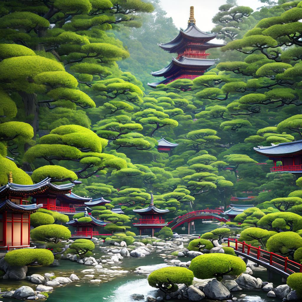  ((masterpiece)),(((best quality))), 8k, high detailed, ultra-detailed. A traditional Chinese building with a Japanese influence, a serene garden with meticulously pruned bonsai trees, a (pagoda) towering in the distance, a wooden bridge crossing over a meandering stream, colorful (kimono-clad geishas) strolling along the pathway, soft sunlight filtering through the surrounding bamboo groves. hyperrealistic, full body, detailed clothing, highly detailed, cinematic lighting, stunningly beautiful, intricate, sharp focus, f/1. 8, 85mm, (centered image composition), (professionally color graded), ((bright soft diffused light)), volumetric fog, trending on instagram, trending on tumblr, HDR 4K, 8K