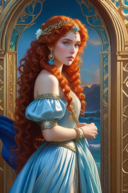  the girl with the pearl by james taylor, an oil painting Greg Hildebrandt, pre raphaelitism, portrait of princess merida, hildebrandt, greg hildebrandt highly detailed, intricate, sharp focus, elegant, digital painting, ornate, epic composition, grim yet sparkling atmosphere, magical atmosphere, cinematic lighting, studio quality, masterpiece, 8 k octane detailed render, art nouveau, fantasy, dynamic pose, photo realistic, dynamic lighting, gradient light blue, digital art, rpg portrait, hyperrealistic, full body, detailed clothing, highly detailed, cinematic lighting, stunningly beautiful, intricate, sharp focus, f/1. 8, 85mm, (centered image composition), (professionally color graded), ((bright soft diffused light)), volumetric fog, trending on instagram, trending on tumblr, HDR 4K, 8K