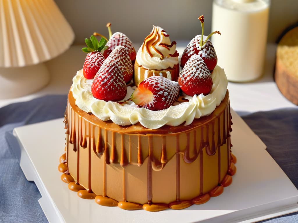  A closeup, photorealistic image of a decadent slice of dulce de leche cake with layers of creamy caramel filling dripping down the sides. The cake is topped with a generous dollop of whipped cream, a sprinkle of cinnamon, and a few fresh strawberries for garnish. The lighting is soft, highlighting the glossy caramel and enticing textures of the dessert, making it look irresistible and indulgent. hyperrealistic, full body, detailed clothing, highly detailed, cinematic lighting, stunningly beautiful, intricate, sharp focus, f/1. 8, 85mm, (centered image composition), (professionally color graded), ((bright soft diffused light)), volumetric fog, trending on instagram, trending on tumblr, HDR 4K, 8K