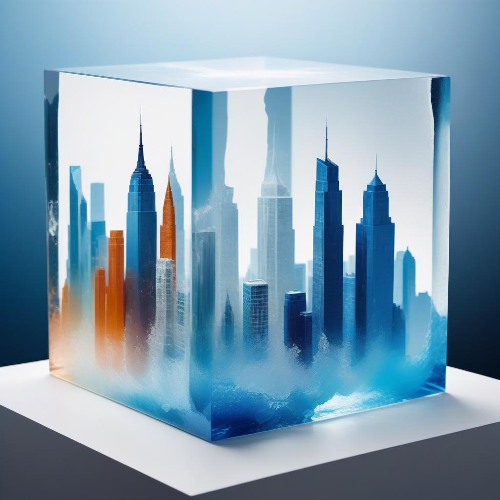  A glass cube and a large city stretched and broken in white blue colors, in space movement. Front from spray of colored colors.Style expressionism