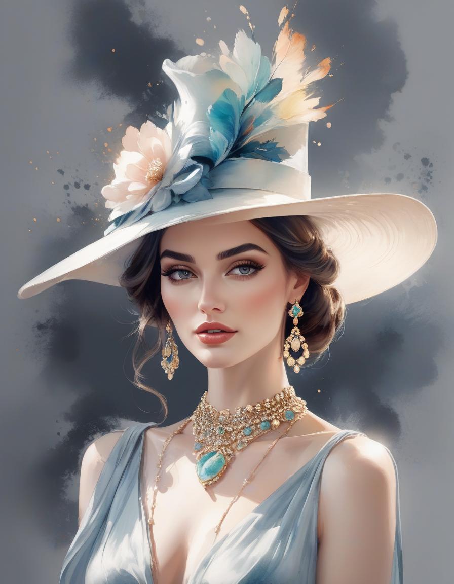  Fashion editorial style painting of a woman wearing a hat with a necklace, exquisite digital illustration, elegante pintura digital, linda pintura de persona gem, beautiful digital illustration, estilo de pintura digital, linda pintura digital, linda arte digital, no estilo aquarela, pintura linda, no art style by bowater, a beautiful art illustration, no estilo de aquarela digital, with ink blots and paint running down the screen . High fashion, trendy, stylish, editorial, magazine style, professional, highly detailed hyperrealistic, full body, detailed clothing, highly detailed, cinematic lighting, stunningly beautiful, intricate, sharp focus, f/1. 8, 85mm, (centered image composition), (professionally color graded), ((bright soft diffused light)), volumetric fog, trending on instagram, trending on tumblr, HDR 4K, 8K