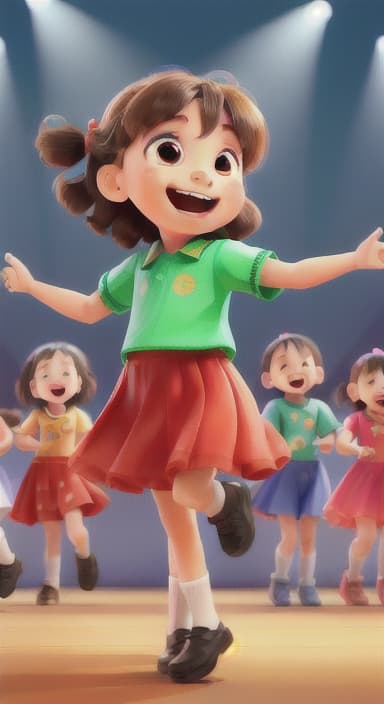  {Children singing and dancing with wide smiles and musical notes floating around them., Kids joyfully dancing and singing, showing their energy and happiness.