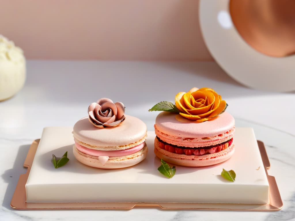  An ultradetailed closeup of a pastel pink macaron with a perfectly smooth, glossy surface, showcasing intricate details of delicate rose petal decorations on top, set against a softfocus background of a French patisserie kitchen with elegant marble countertops and vintage copper pots hanging in the background. The image exudes a sense of sophistication and craftsmanship, capturing the essence of the artistry behind creating these exquisite French pastries. hyperrealistic, full body, detailed clothing, highly detailed, cinematic lighting, stunningly beautiful, intricate, sharp focus, f/1. 8, 85mm, (centered image composition), (professionally color graded), ((bright soft diffused light)), volumetric fog, trending on instagram, trending on tumblr, HDR 4K, 8K