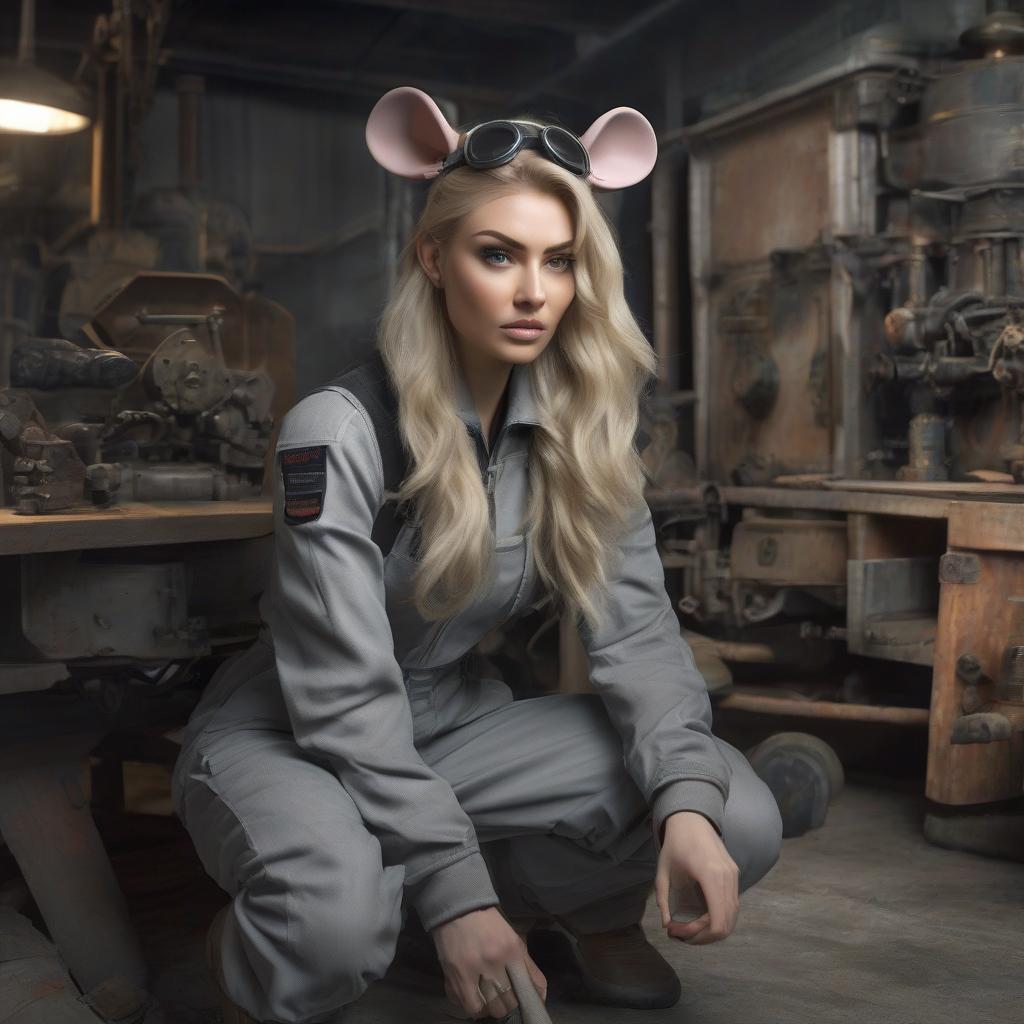  A girl with long, light colored hair. Wearing a gray coverall, mouse ears, and a mouse tail. Holds a large wrench in her hands. [Note: Translated the Russian description with no corrections.] hyperrealistic, full body, detailed clothing, highly detailed, cinematic lighting, stunningly beautiful, intricate, sharp focus, f/1. 8, 85mm, (centered image composition), (professionally color graded), ((bright soft diffused light)), volumetric fog, trending on instagram, trending on tumblr, HDR 4K, 8K