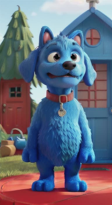  {Max the big blue dog standing in front of a cozy little house with a red door, The big blue dog is large with sky blue fur, big round eyes, a black nose, and floppy ears.