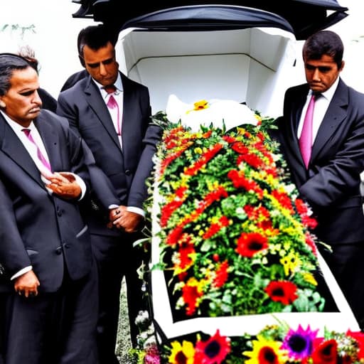  Create an image of a funeral of Roberto Gomes Gomes Bolanos with the body of Roberto Gomes Bolanos in the coffin with flowers inside the coffin and several people around