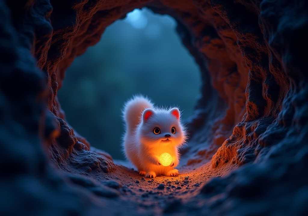  good quality, high quality, a whimsical cave explore reveals a glowing furry creature at twilight