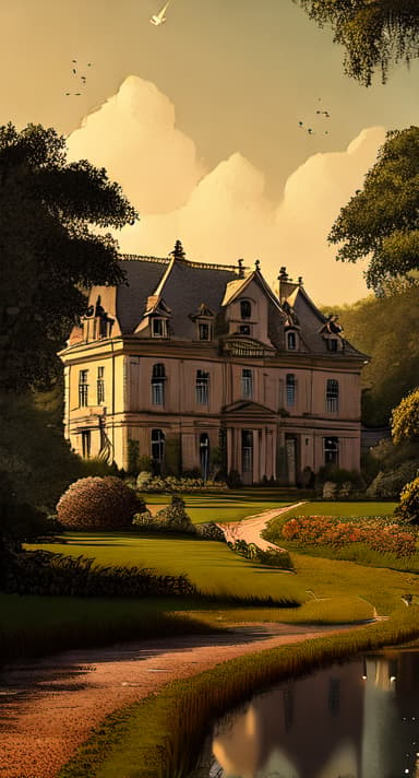  Escaping the city's chaos, he seeks solace in a vast country estate. Show the idyllic countryside, a serene mansion, and the tranquility he craves. A retreat from the rat race