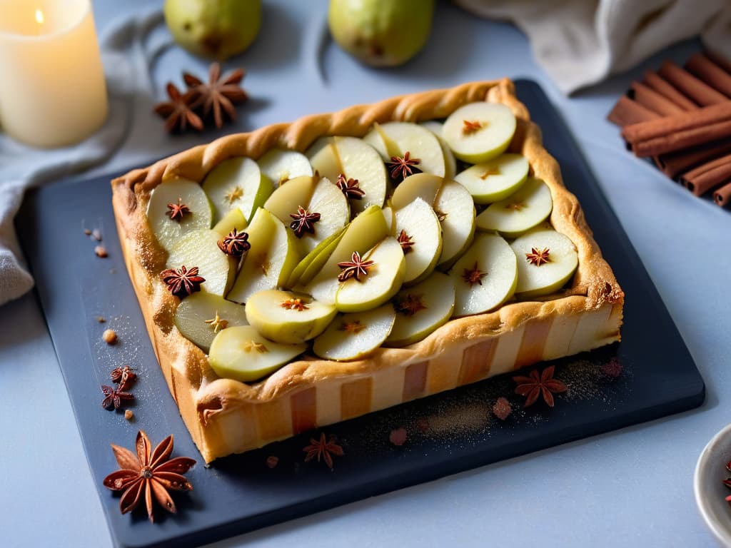  A minimalist image of a perfectly sliced pear tart sprinkled with a delicate dusting of cinnamon and surrounded by whole spices like cloves and star anise, set on a sleek slate platter against a backdrop of soft, muted winter hues. The focus is on the intricate layers of thinly sliced pears glistening with a light glaze, with a hint of steam rising, evoking warmth and comfort on a cold winter evening. hyperrealistic, full body, detailed clothing, highly detailed, cinematic lighting, stunningly beautiful, intricate, sharp focus, f/1. 8, 85mm, (centered image composition), (professionally color graded), ((bright soft diffused light)), volumetric fog, trending on instagram, trending on tumblr, HDR 4K, 8K