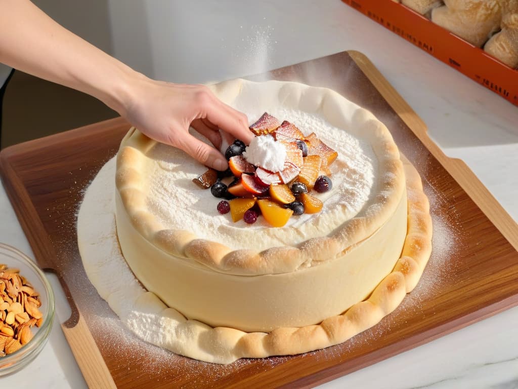  A highresolution, minimalist image of a baker's hands delicately folding diced almonds and candied fruit into a mound of dough, set against a clean, white marble countertop. The dough is dusted with a light sprinkle of powdered sugar, and in the background, a vintage copper mixing bowl and wooden rolling pin can be seen, evoking a sense of tradition and artisanal craftsmanship. hyperrealistic, full body, detailed clothing, highly detailed, cinematic lighting, stunningly beautiful, intricate, sharp focus, f/1. 8, 85mm, (centered image composition), (professionally color graded), ((bright soft diffused light)), volumetric fog, trending on instagram, trending on tumblr, HDR 4K, 8K