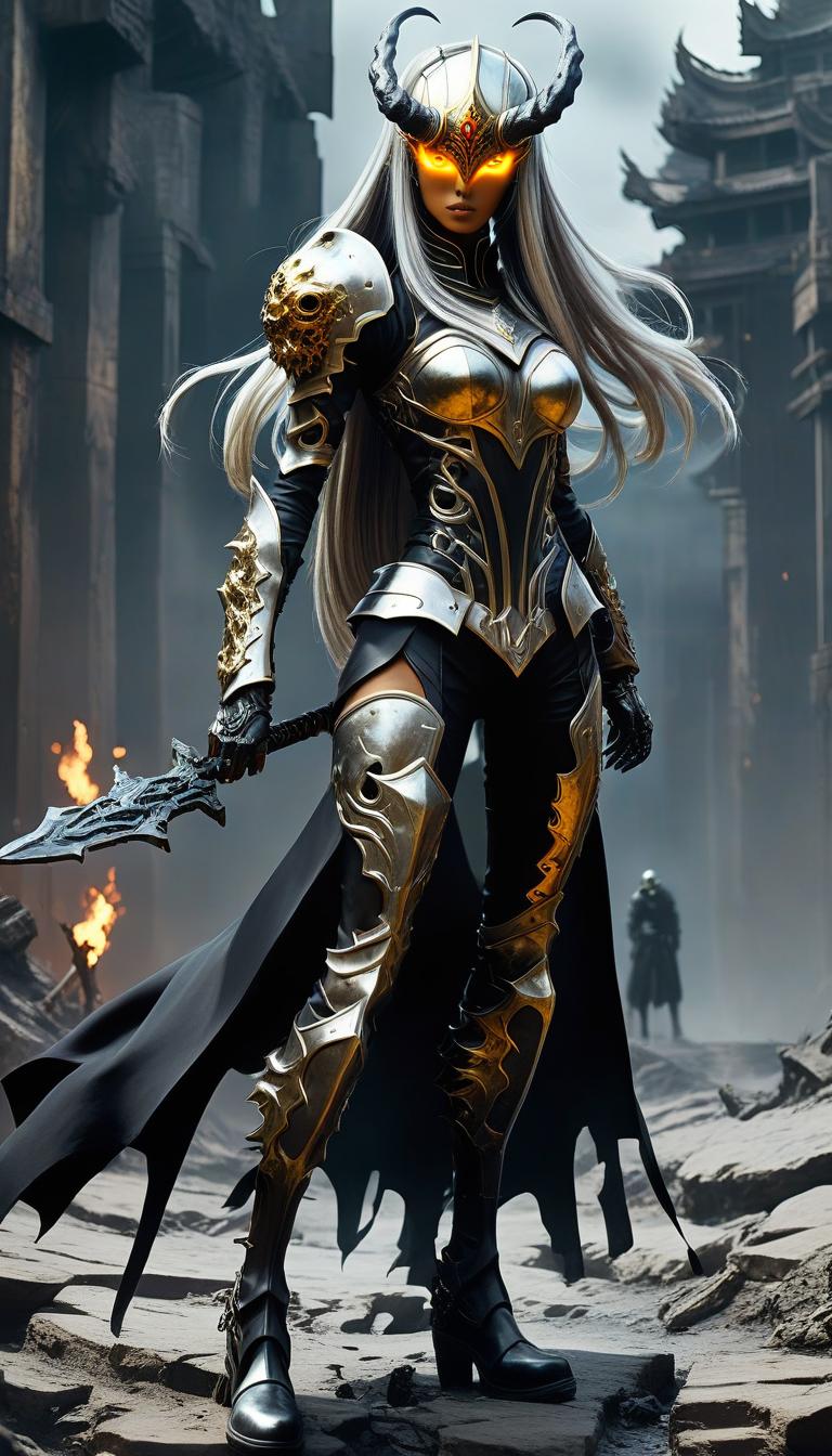  concept art ((details)), ((masterpiece)) ((best quality)), ((Great)), Spectacular, Amazing, Anime, <full body> demonic creature born in the abyss of hell, Short and beautiful girl ((full height)), with brown skin, long silver hair, stern gaze of golden eyes with vertical pupils, wears jet black open armor and a helmet, ankle boots, (holds a long spear in his hand), moonlight, Night glow, . digital artwork, illustrative, painterly, matte painting, highly detailed hyperrealistic, full body, detailed clothing, highly detailed, cinematic lighting, stunningly beautiful, intricate, sharp focus, f/1. 8, 85mm, (centered image composition), (professionally color graded), ((bright soft diffused light)), volumetric fog, trending on instagram, trending on tumblr, HDR 4K, 8K