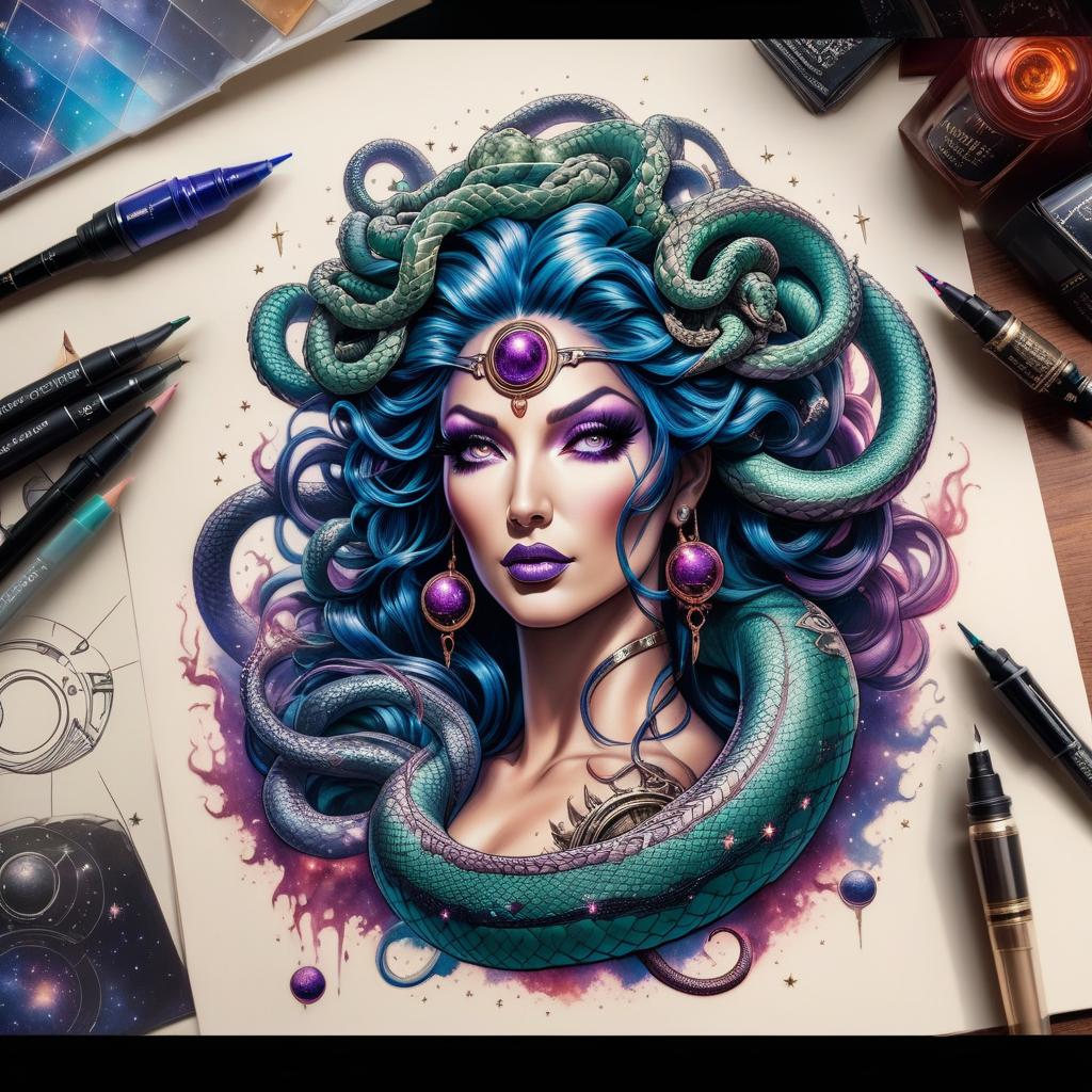  space themed Medusa Gargon tattoo sketch . cosmic, celestial, stars, galaxies, nebulas, planets, science fiction, highly detailed hyperrealistic, full body, detailed clothing, highly detailed, cinematic lighting, stunningly beautiful, intricate, sharp focus, f/1. 8, 85mm, (centered image composition), (professionally color graded), ((bright soft diffused light)), volumetric fog, trending on instagram, trending on tumblr, HDR 4K, 8K